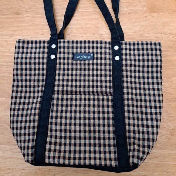 Longaberger Homestead Black Tan Gingham Checkered Plaid Tote Bag Double Handles - Picture 1 of 10